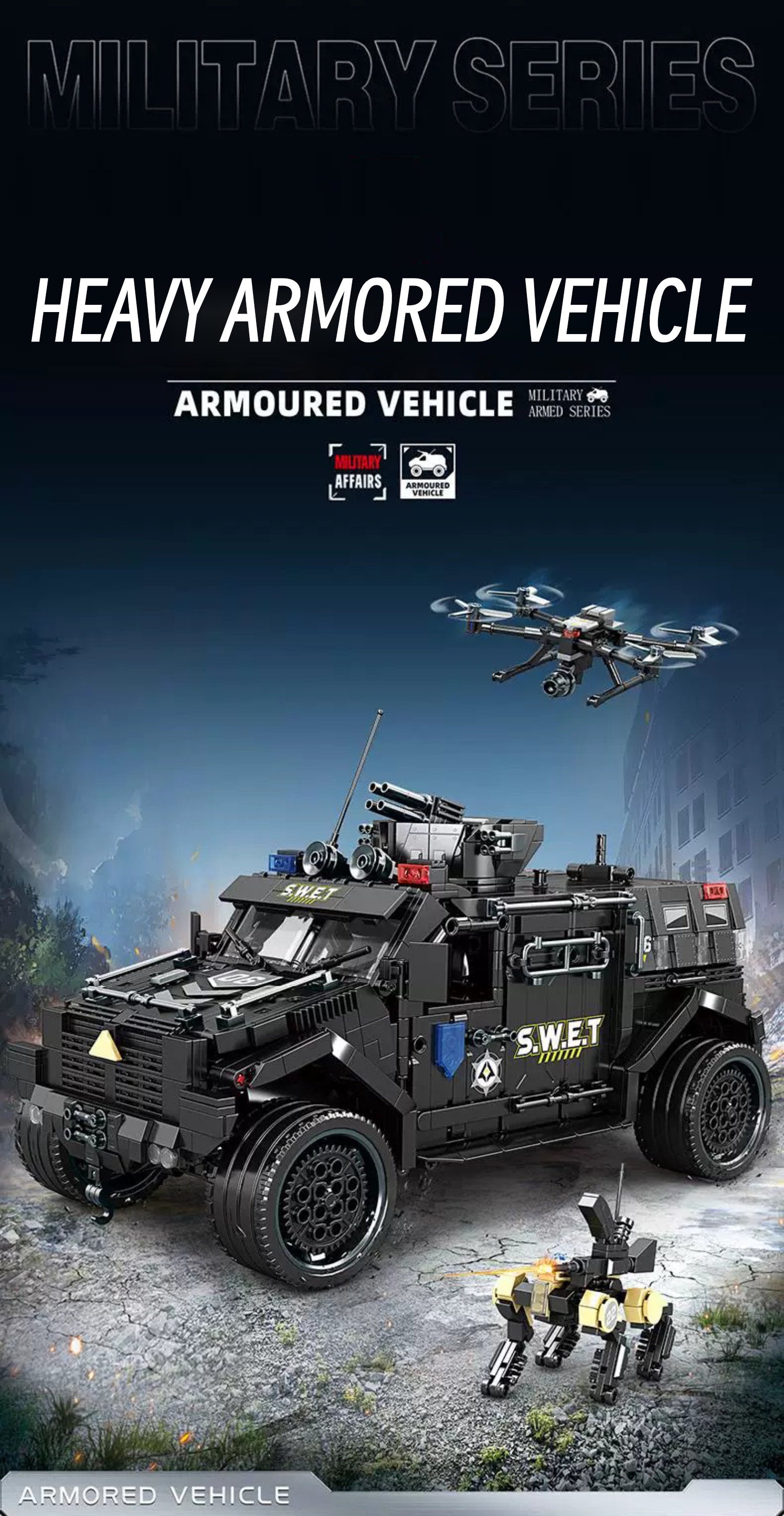 Heavy armored Jeep with a drone& mechnical dog