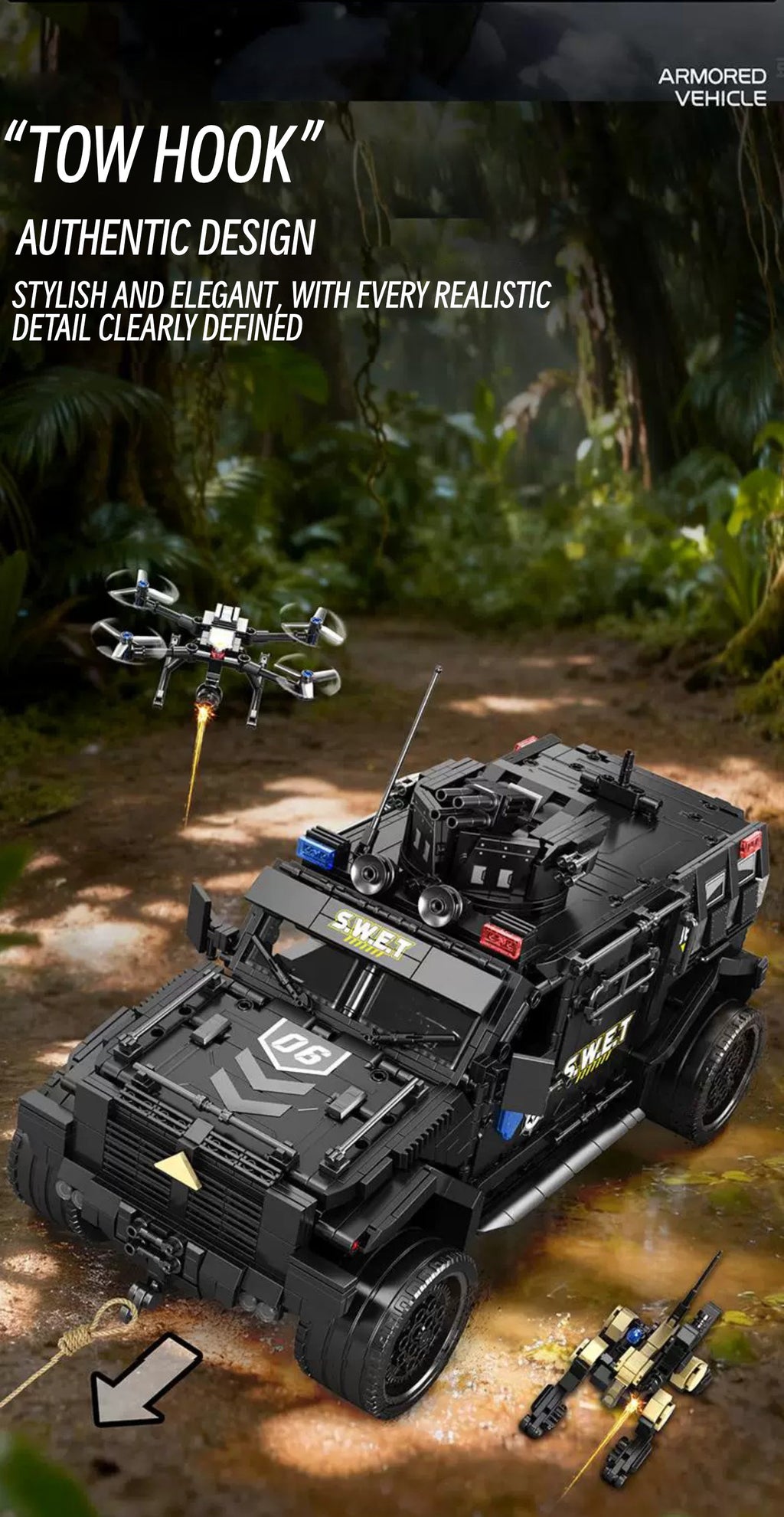 Heavy armored Jeep with a drone& mechnical dog