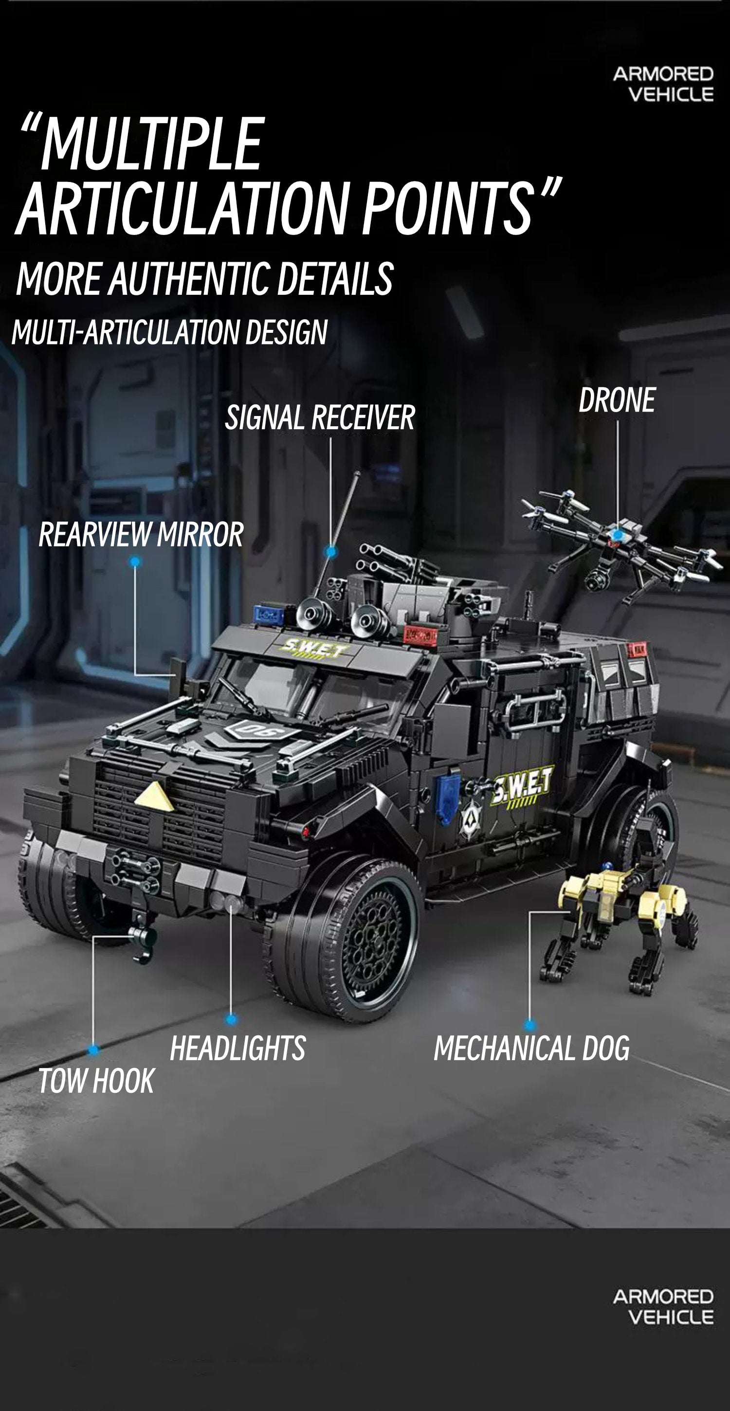 Heavy armored Jeep with a drone& mechnical dog